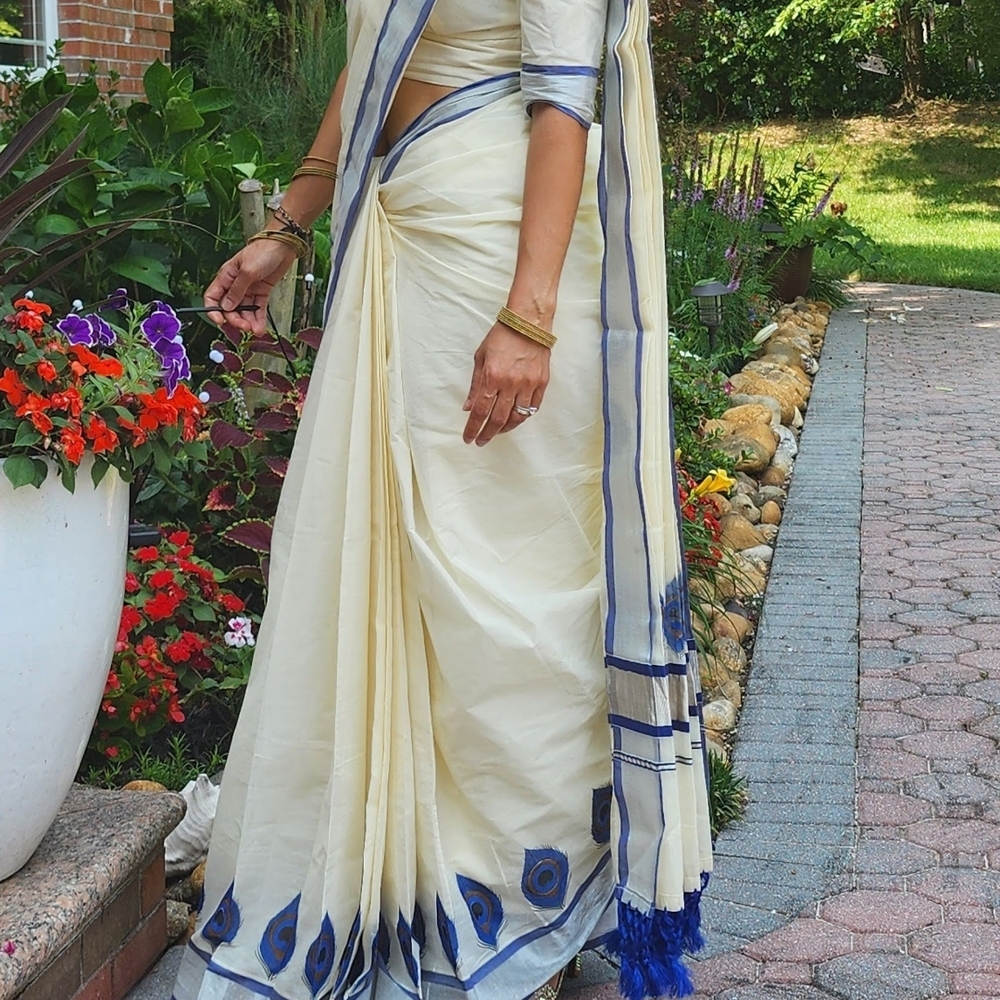 Elegant Cream and Blue Women's Saree